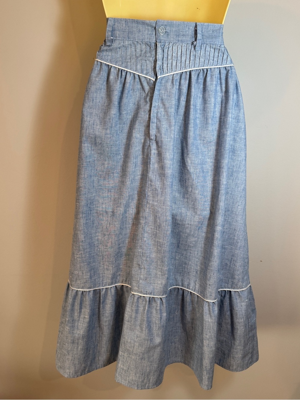 Vintage 70s 80s Tem Tex Western Prairie Skirt Chambray Blue Ruffle Maxi 28” W - Picture 8 of 14